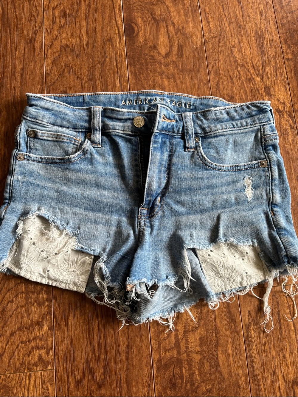 American Eagle Light Blue Ripped Denim Shorts with Lace Underlay